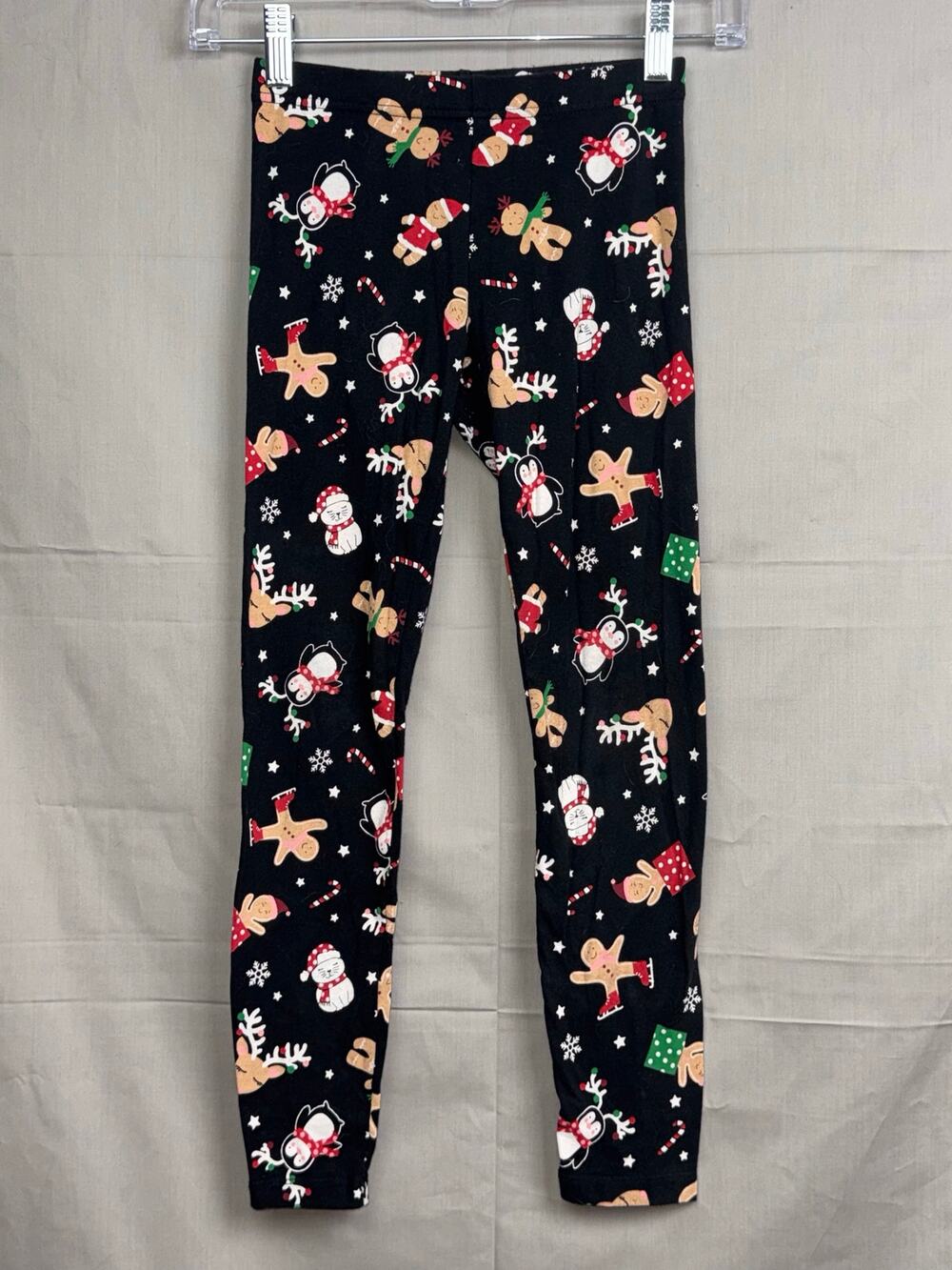 Girls Holiday Time Black Leggings with Holiday Animals, Size M (7/8)
